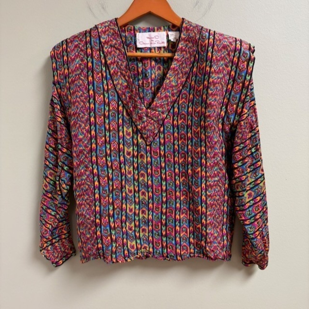 Vintage Miss O Oscar de la Renta Silk Blouse Geometric Multicolor V-Neck Sz 8